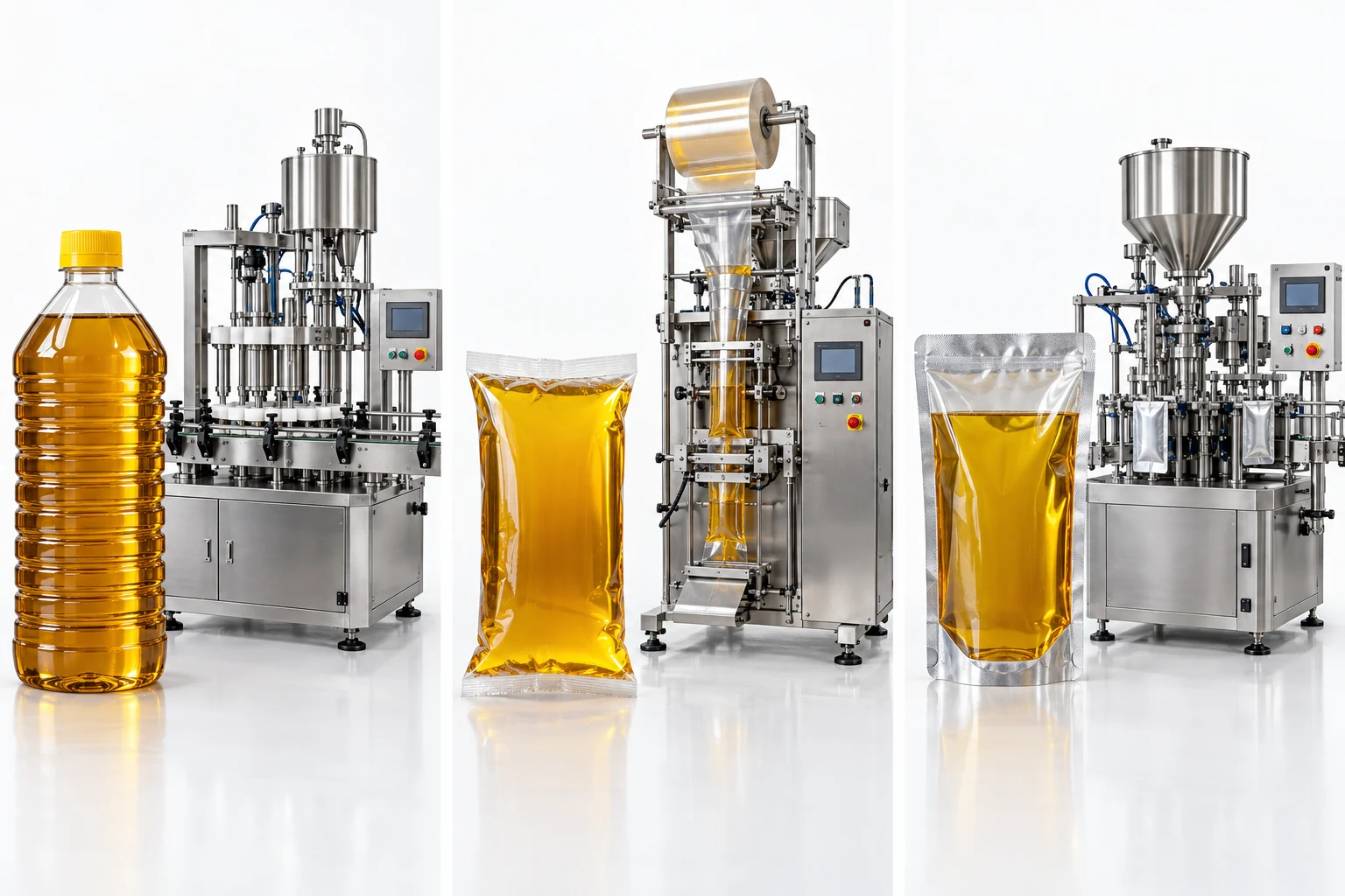 Mustard oil bottle, roll-film pouch, and stand-up pouch with separate matching packaging machines.