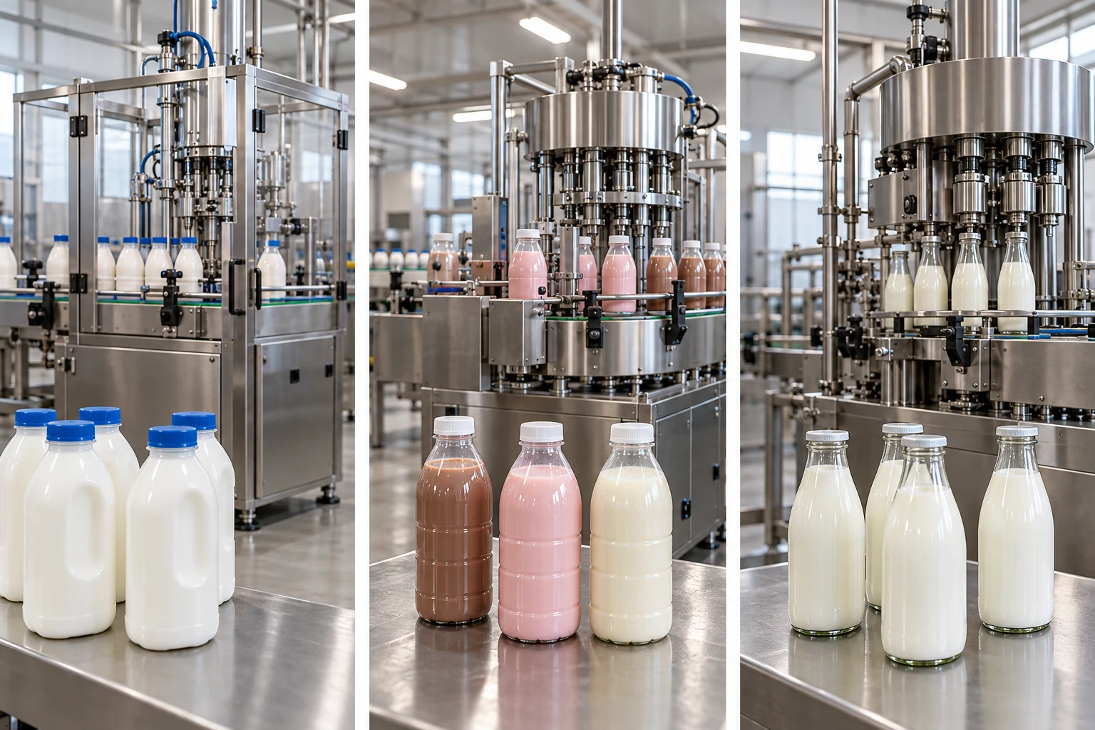 Fresh milk in HDPE bottles, flavored milk in PET bottles, and returnable glass milk bottles with separate filling and capping equipment.