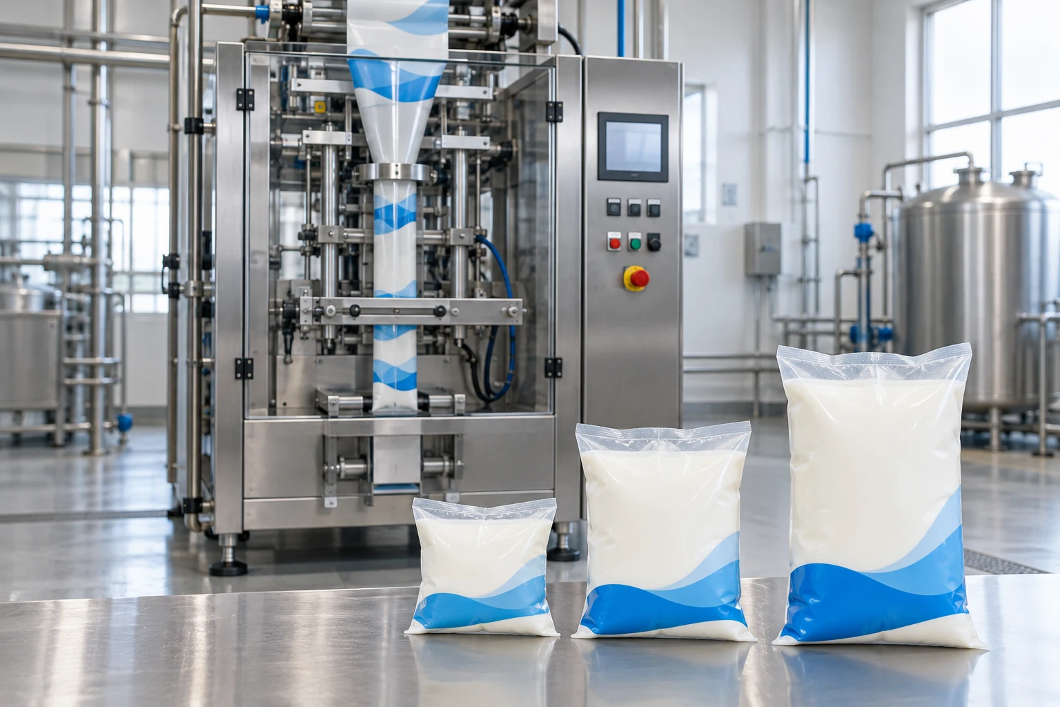 Three sample milk pouches in small, medium, and large sizes beside a standalone vertical milk pouch packing machine.