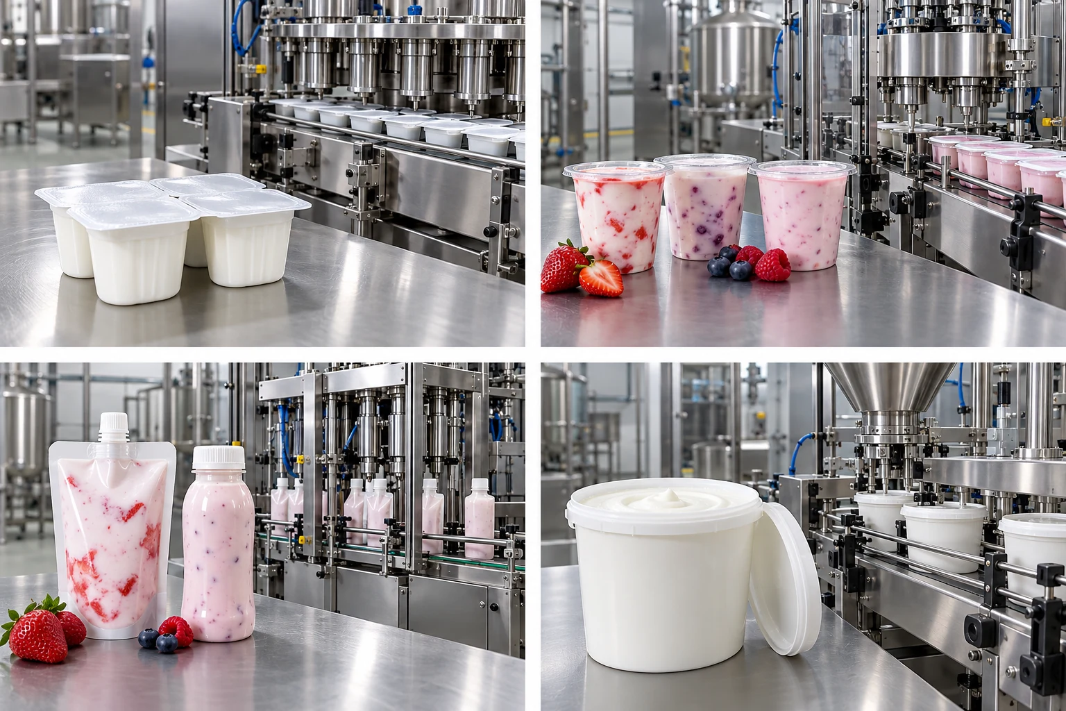 ヨーグルトカップ、飲むヨーグルトのパウチやボトル、および外食産業向け容器が、それぞれの包装機器とともに示されています。.