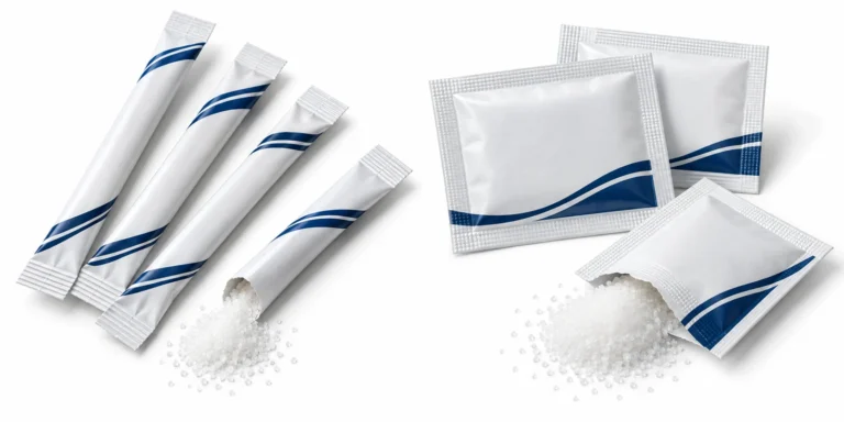 Narrow sugar sticks and wider flat sachets