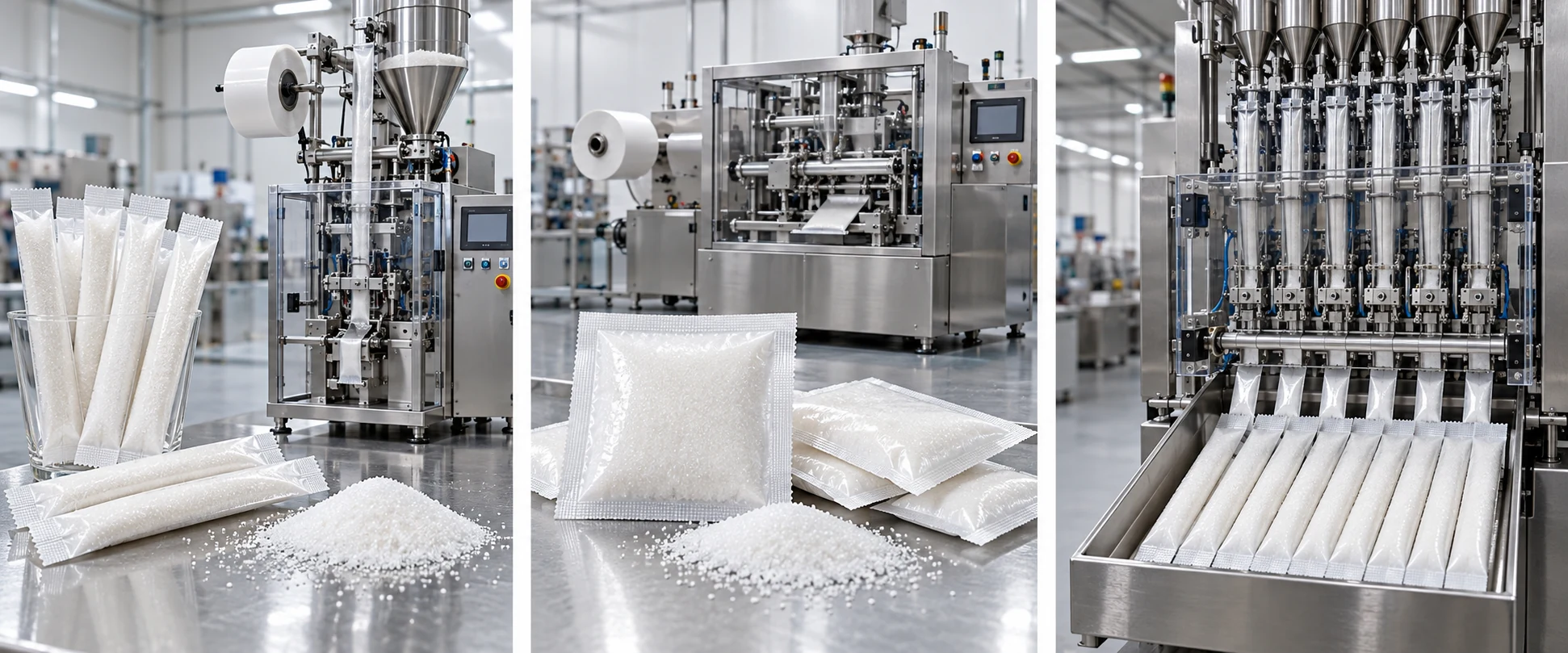 Granulated sugar stick packs, flat sachets, and multiple sugar sticks beside separate single-lane, sachet, and multi-lane machines.