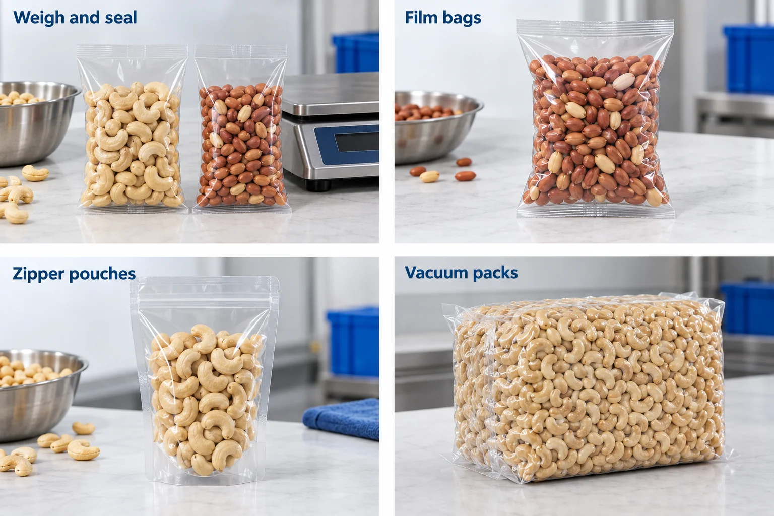 Filled nut bags, zipper pouches and compact cashew vacuum packs