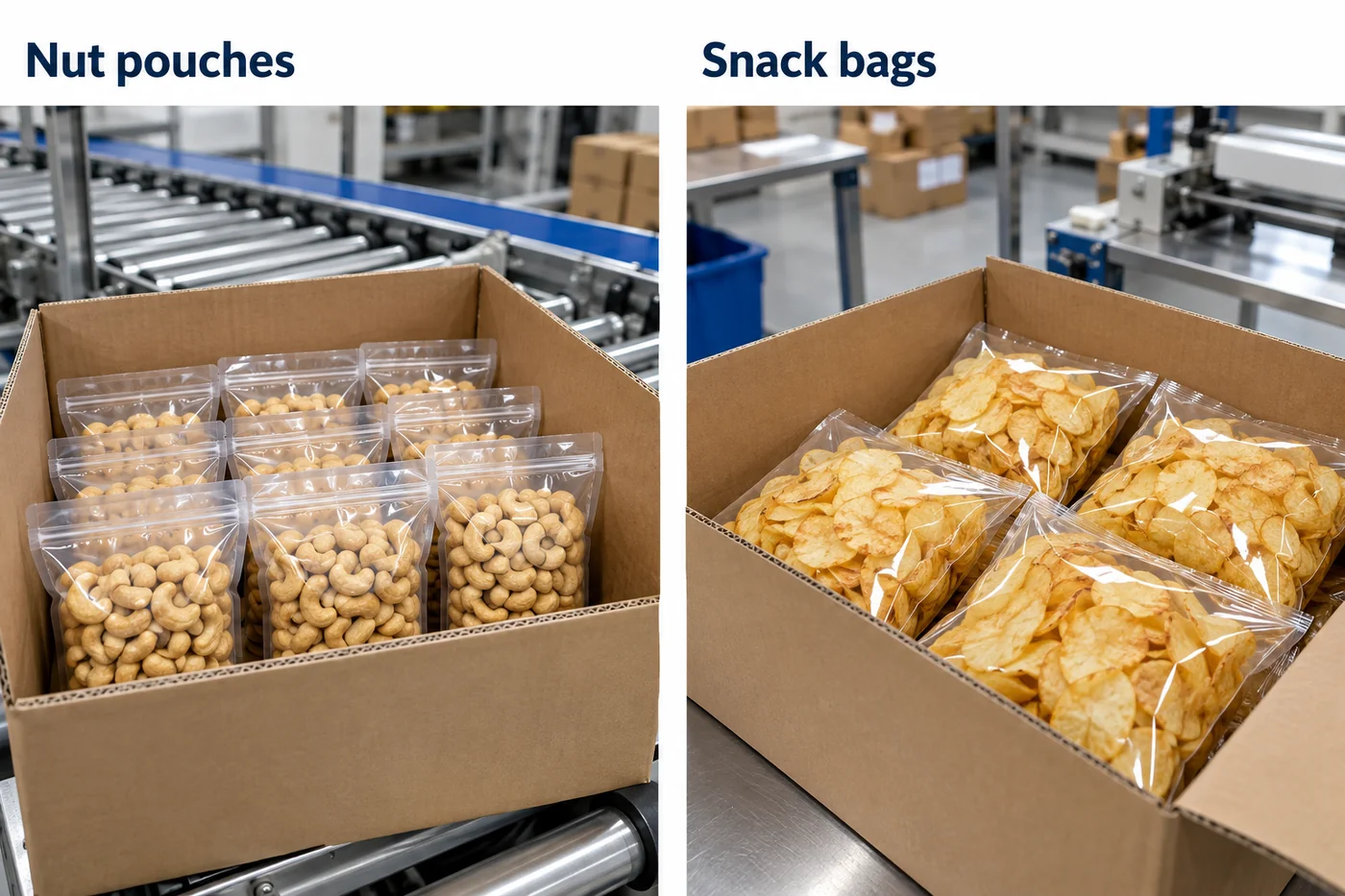 Completed nut pouches and snack bags placed in separate transport cartons