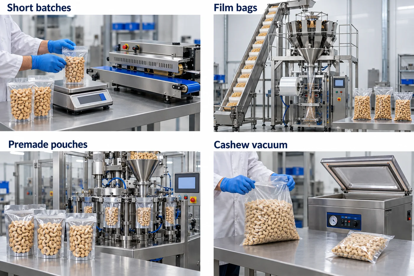 Four nut-packing scenarios with weighing, VFFS, premade pouch handling and chamber vacuum closing