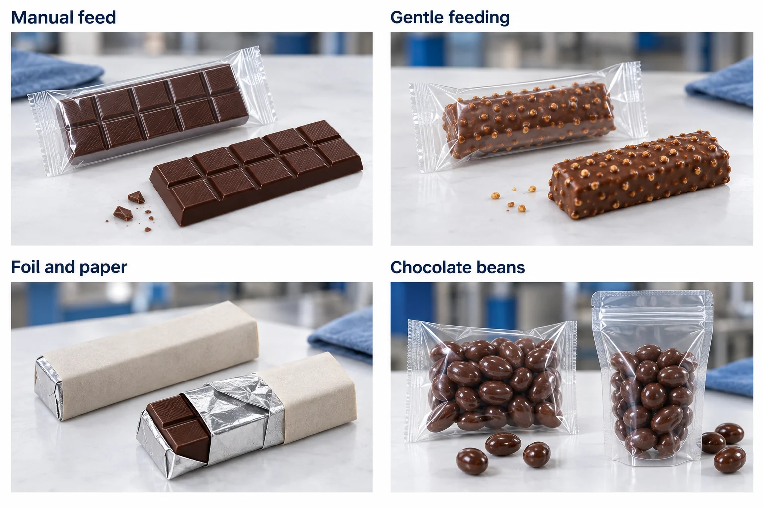 Chocolate bar flow wraps, foil-and-paper wrapping and filled chocolate-bean pouches