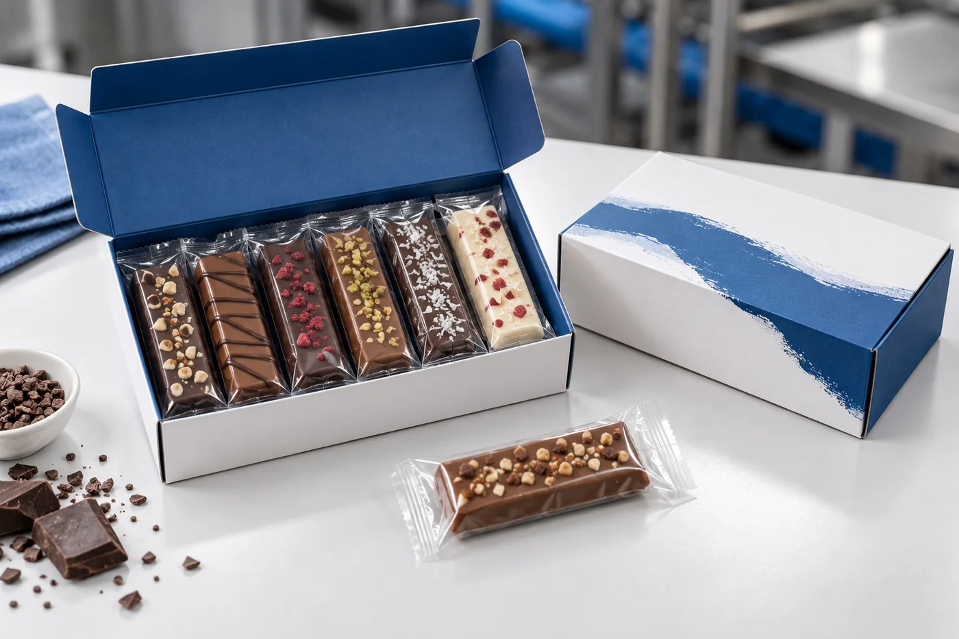 Six individually sealed chocolate-bar packs inside a retail carton