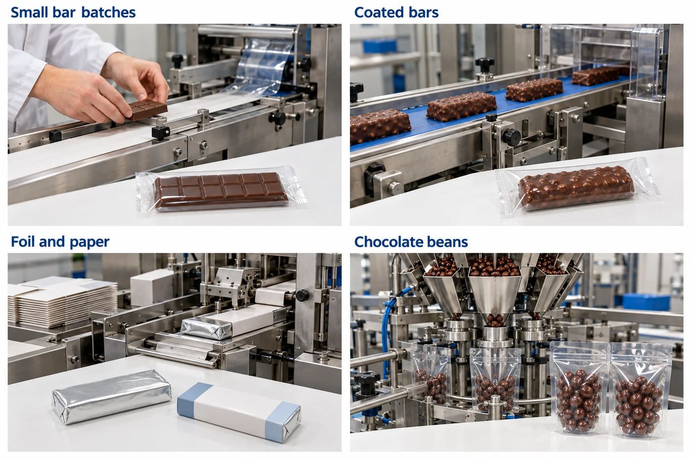 Chocolate feeding and wrapping scenes for small batches, coated bars, folding and bean bagging