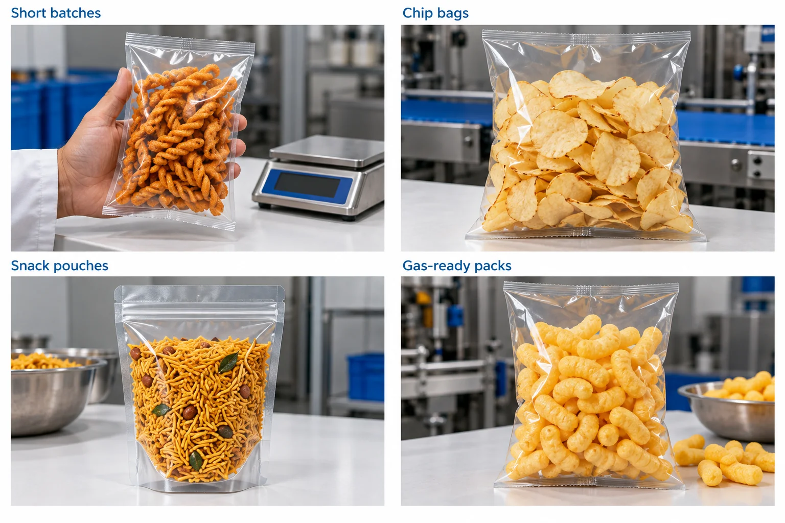 Sealed chip and crunchy-snack film bags and filled namkeen zipper pouches