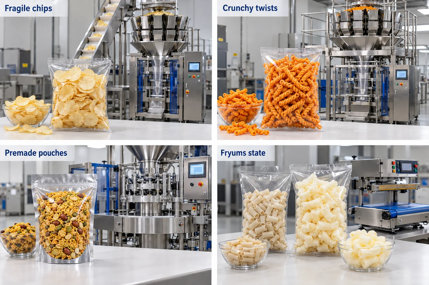Snack packaging scenes showing fragile chips, expanded twists, premade pouches and different fryums states