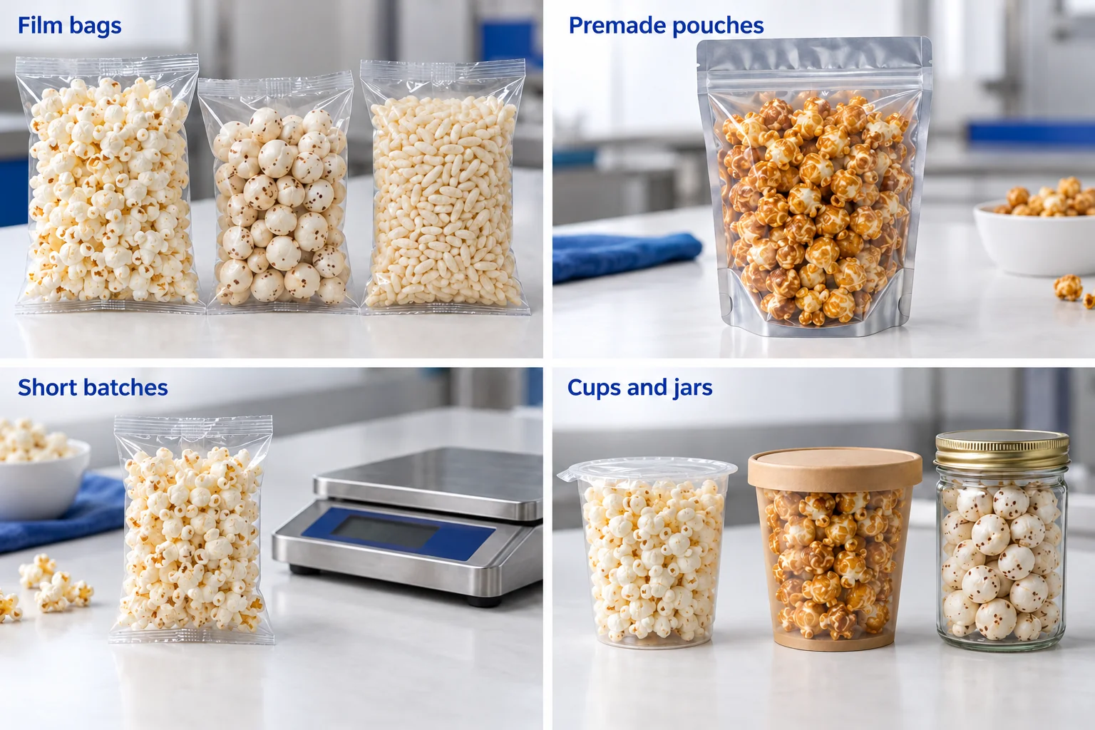 Finished popcorn, makhana and puffed-rice bags with sealed cups, tubs and glass jars