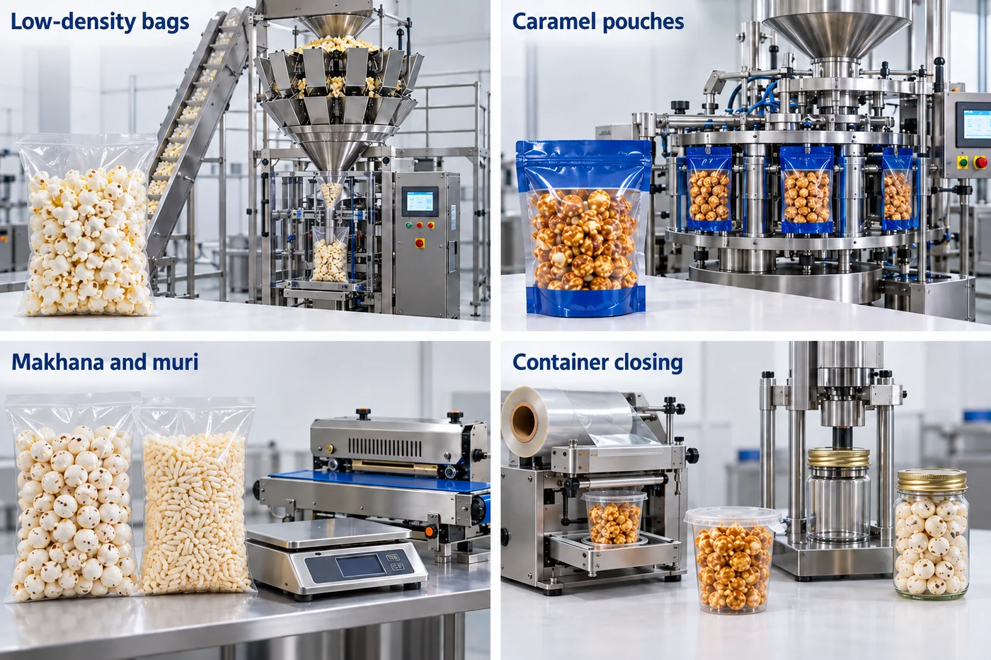 Popcorn packaging scenarios for low-density VFFS, caramel pouches, makhana and cup or glass-jar closure