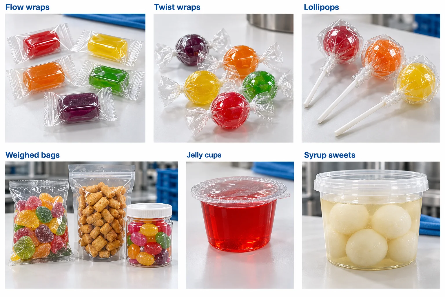 Finished candy flow wraps, double twists, lollipops, filled bags, jelly cups and syrup-sweet tubs