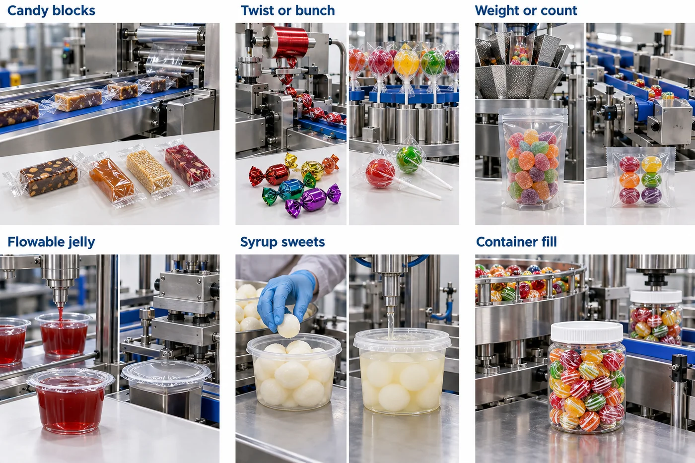 Separate packing scenes for candy blocks, twist wrapping, count or weight bags, flowable jelly and syrup sweets