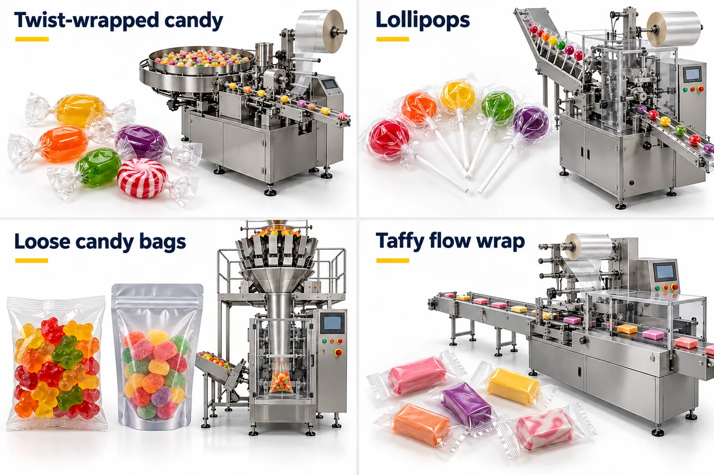 Four solid-candy scenarios with completed twist packs, wrapped lollipops, candy bags and individual taffy flow wraps