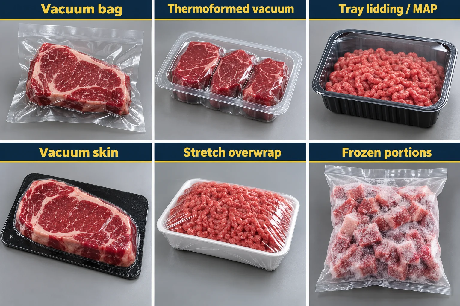 食肉用真空パック、熱成形パック、蓋付きトレイ、スキンパック、ストレッチオーバーラップ、冷凍個品用袋