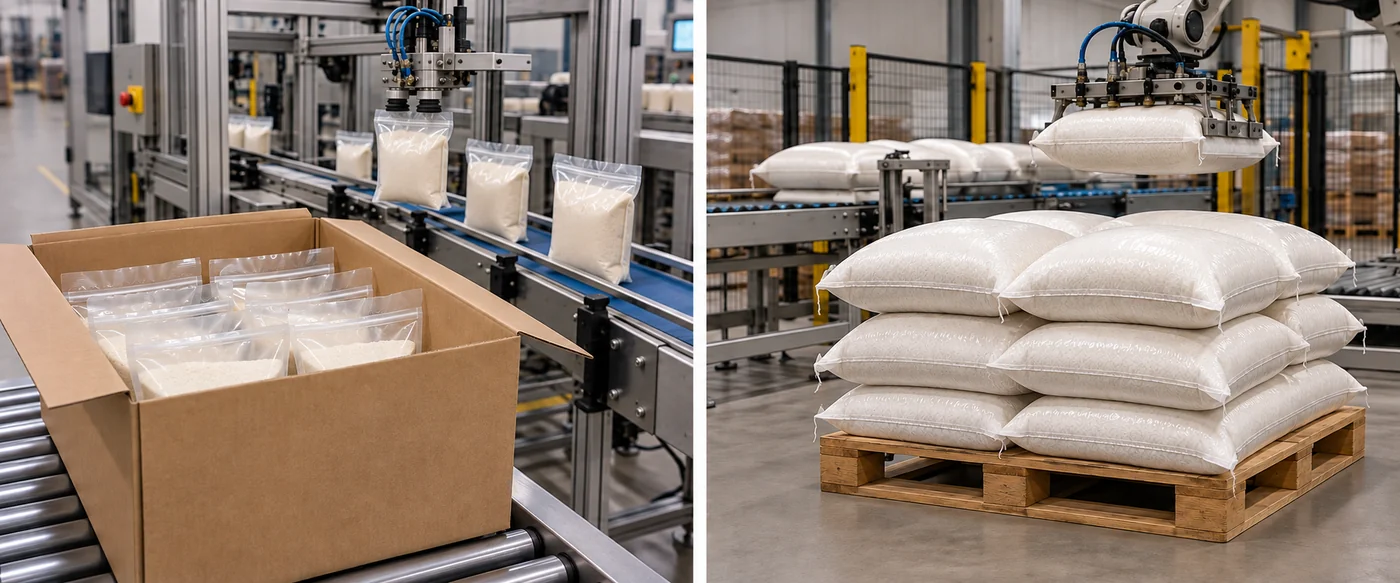 Sealed flour pouches in a transport case and closed flour sacks being palletized