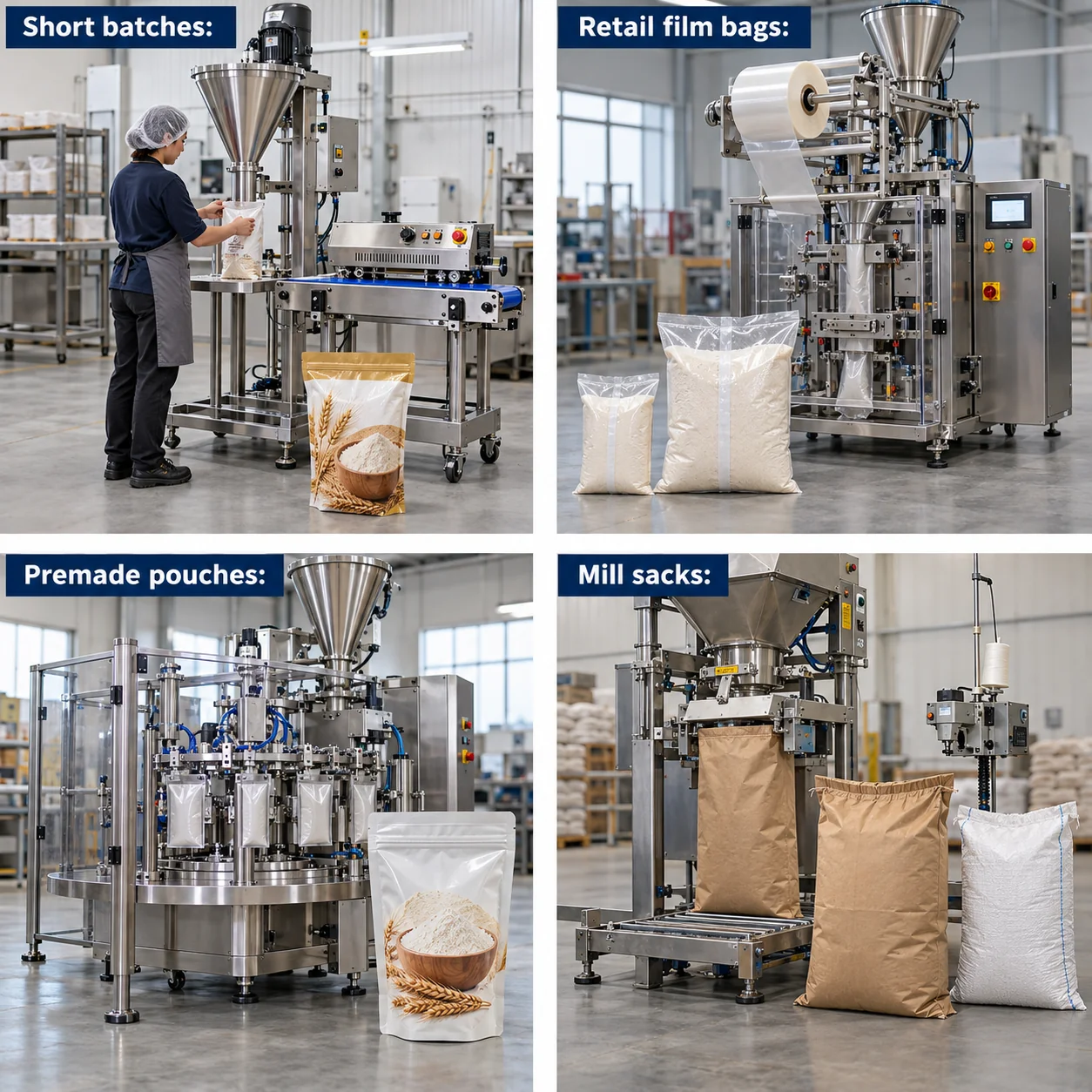 Flour packing scenarios with operator-fed filling, VFFS, premade pouches and mill sacks