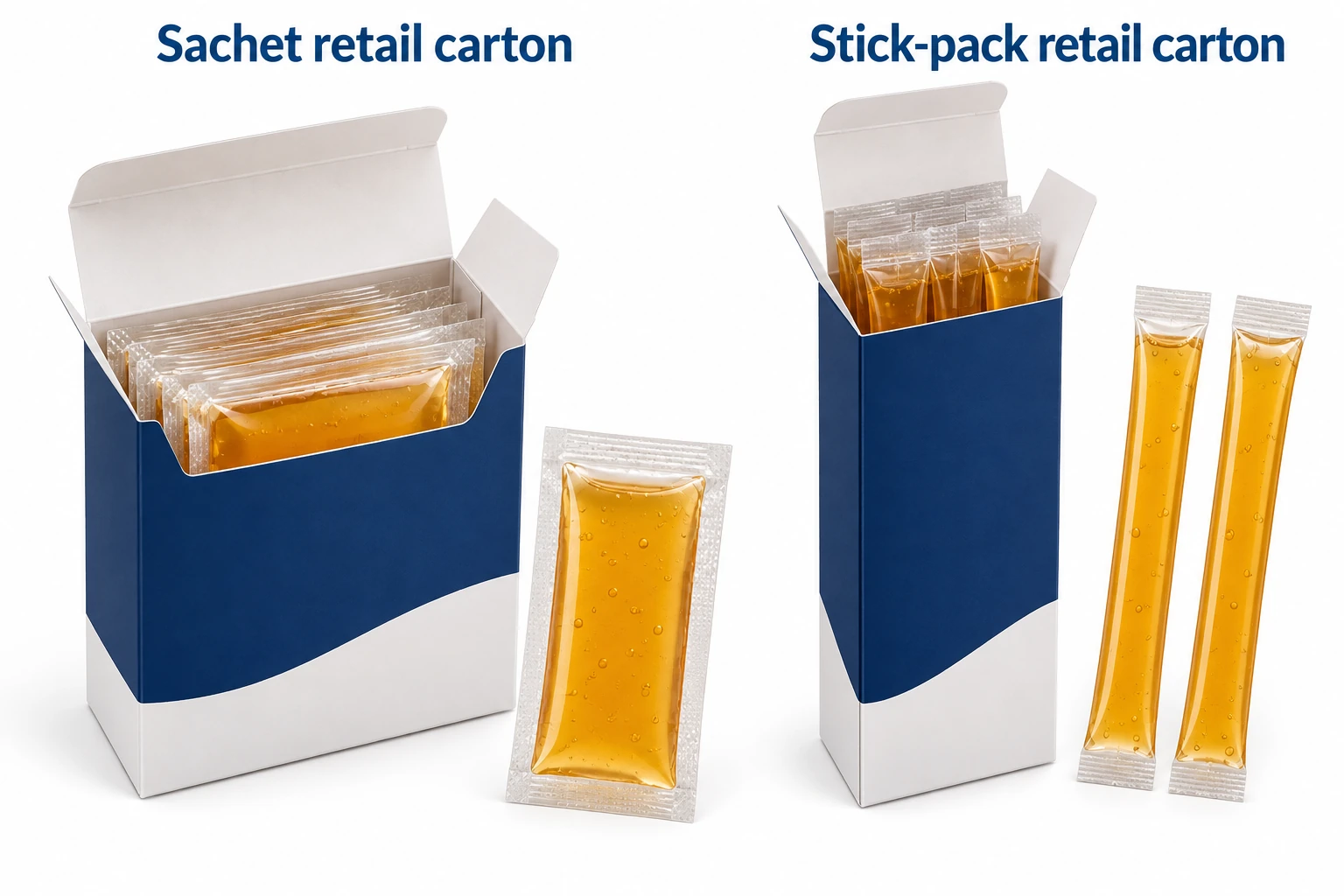 Sachets de miel prêts à l'emploi et bâtonnets souples présentés à l'intérieur de boîtes en carton de vente au détail distinctes (en option)