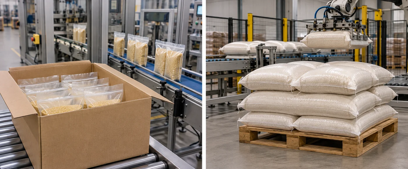 Sealed grain pouches inside a transport case and closed grain sacks on a pallet