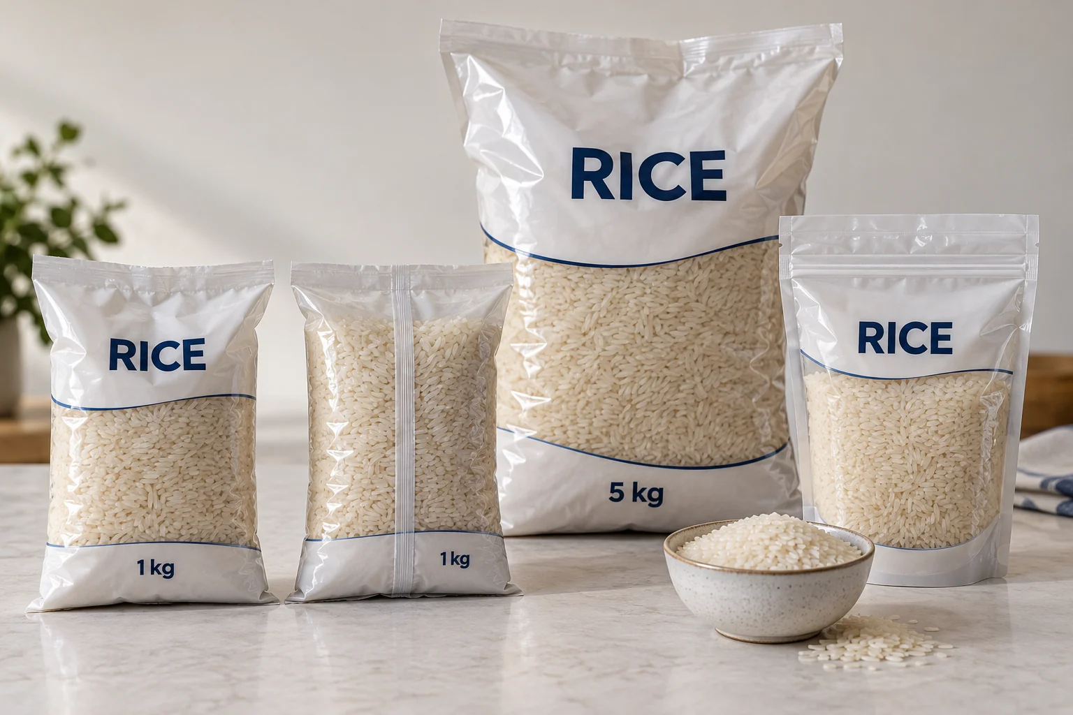 Filled and sealed 1 kg and 5 kg rice film bags with a premade zipper pouch