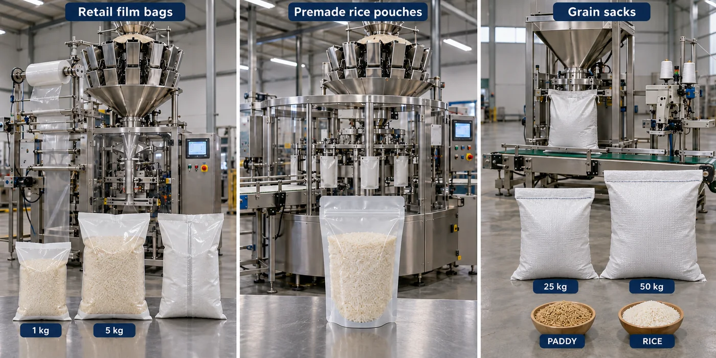 Rice packing scenarios with weighing VFFS, premade pouch handling and sewn 25 kg and 50 kg grain sacks