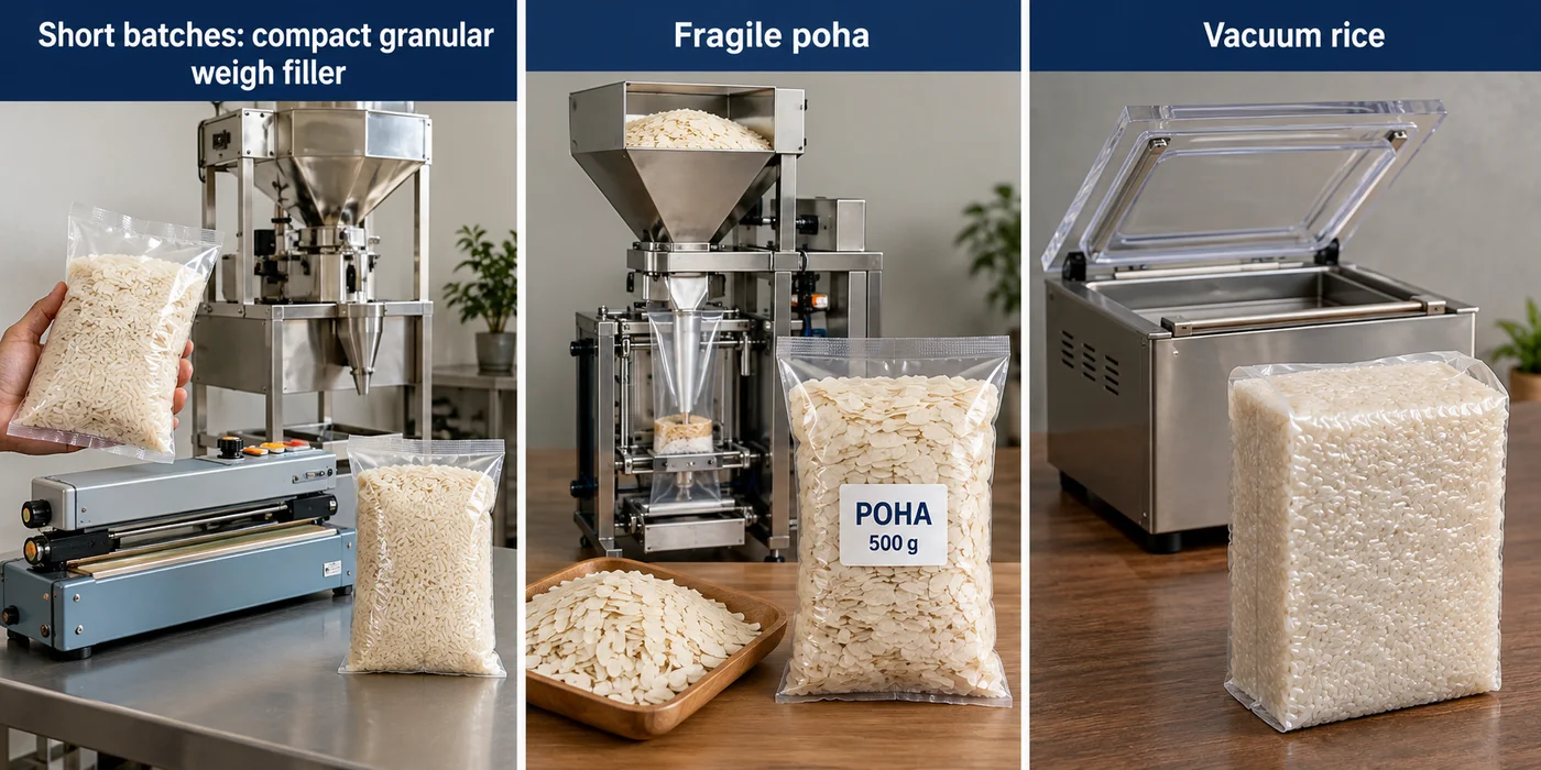 Short-batch rice weigh filling and band sealing, flattened poha with gentle feeding, and vacuum rice with a chamber sealer
