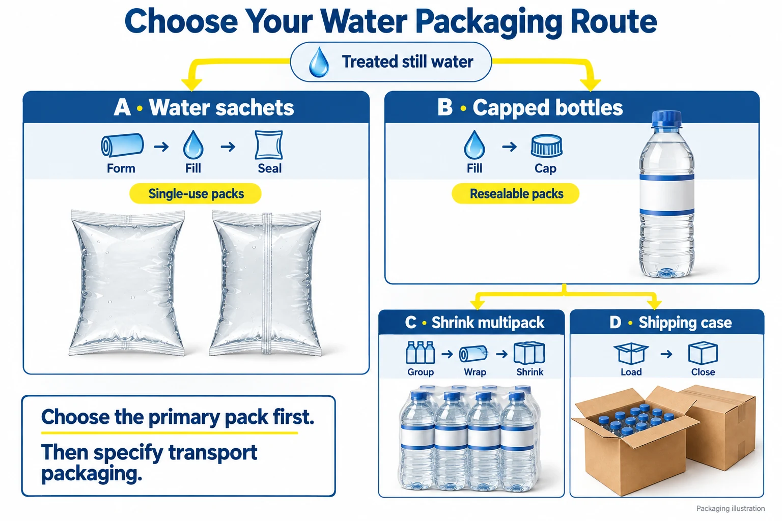 Circuits de distribution de sachets d'eau ou de bouteilles bouchées, avec des lots emballés sous film rétractable et des caisses d'expédition après la mise en bouteille
