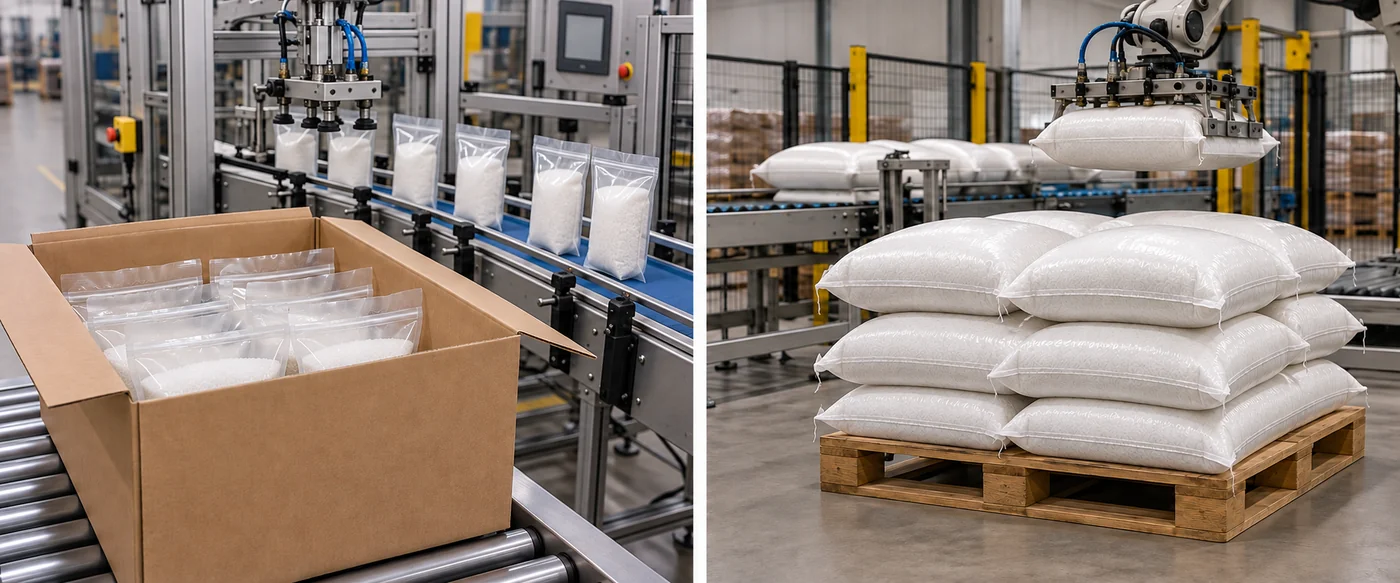 Sealed edible-salt pouches in a transport case and closed sacks at a palletizing station