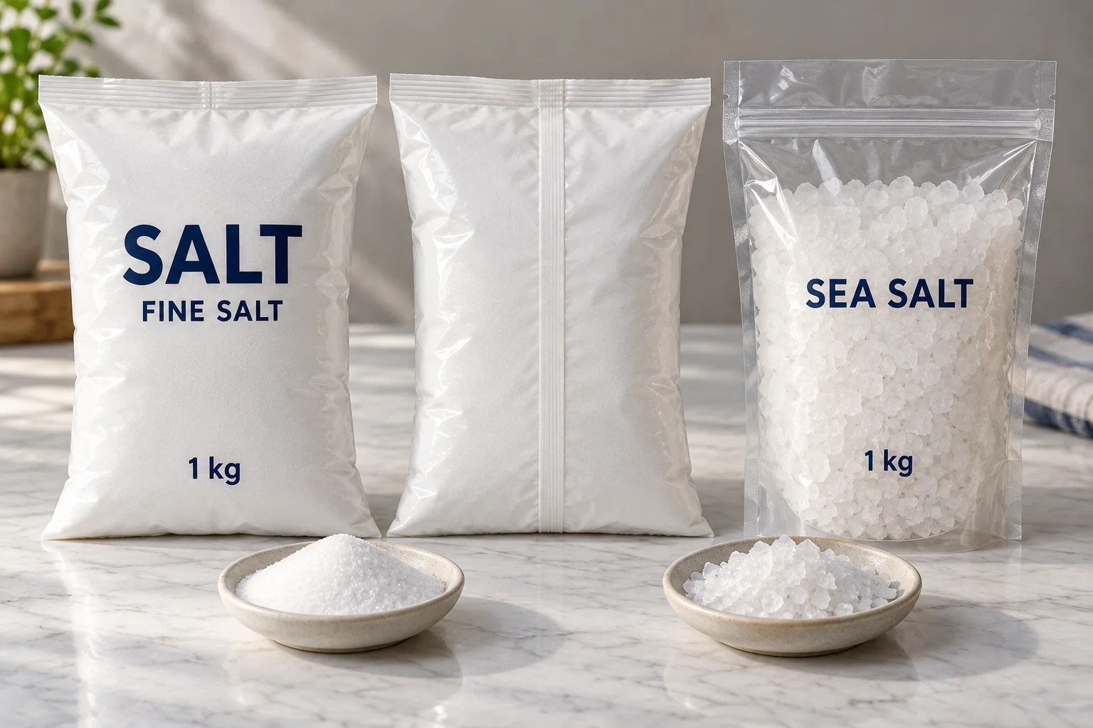 Fine edible salt in filled film bags and coarse sea salt in a heat-sealed zipper pouch