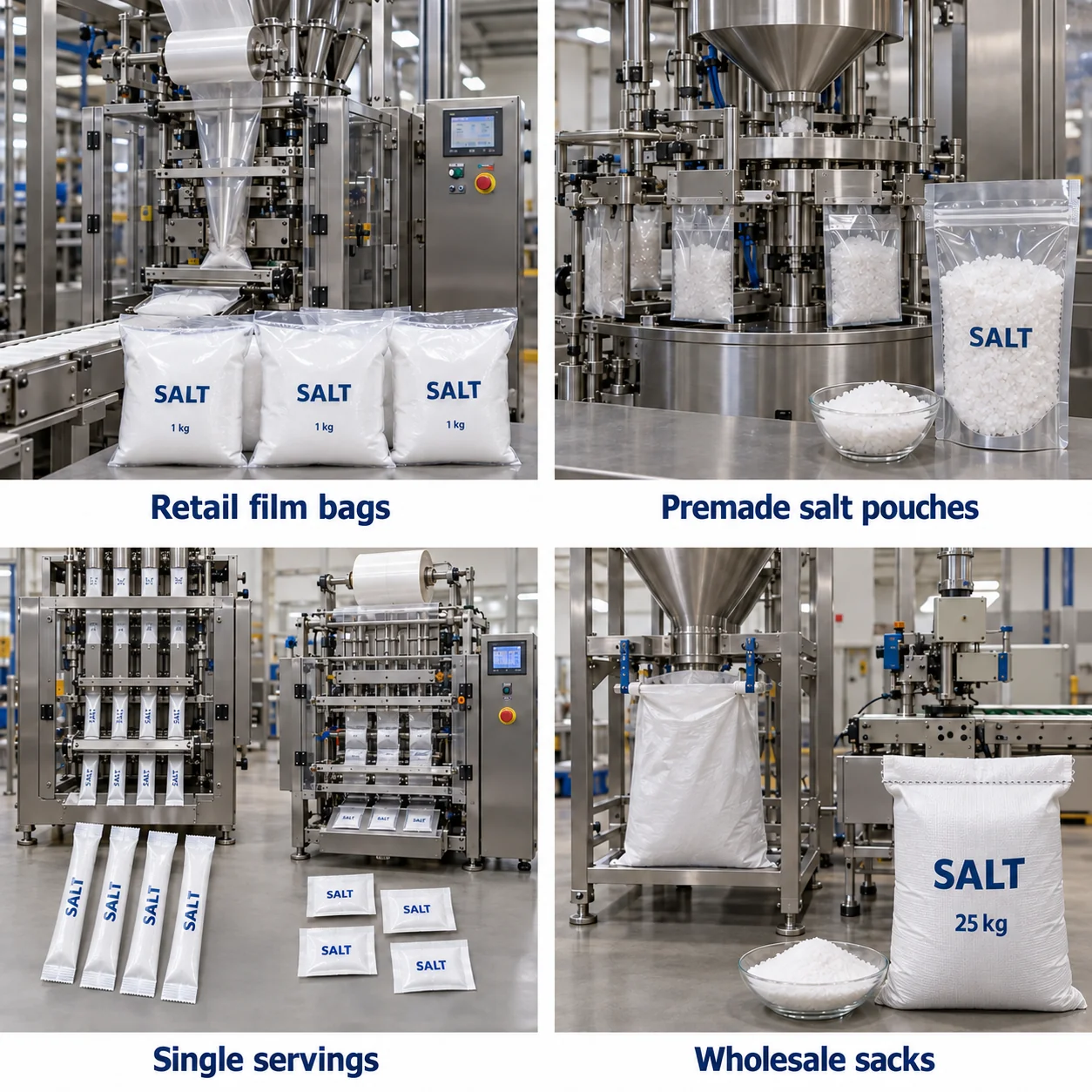 Salt packing scenarios showing retail VFFS, premade pouches, four-lane sticks, flat sachets and a closed wholesale sack